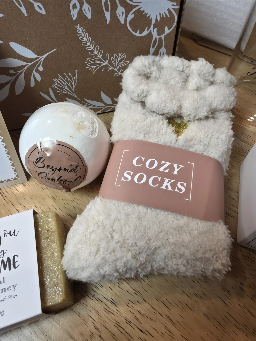 Thank YOU Cozy Gift Set with Cream Plush Socks & Candle